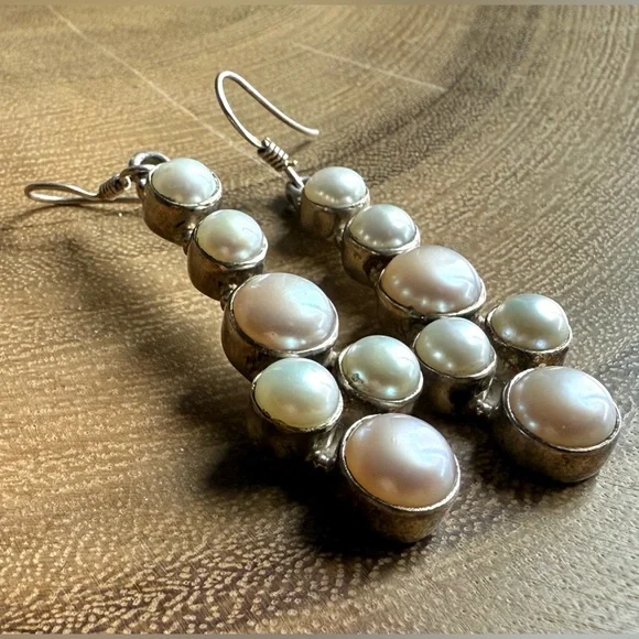 925 Sterling Silver Pearl Dangle Earrings - White & Pink Pearl Drop Artisan - Picture 1 of 7